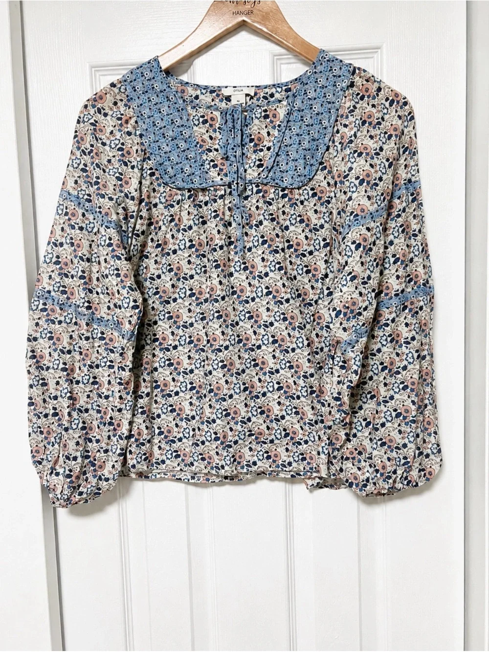 Othilia Laura Peasant Blouse Anthropologie Floral Blue Print Puff Sleeve NWOT S